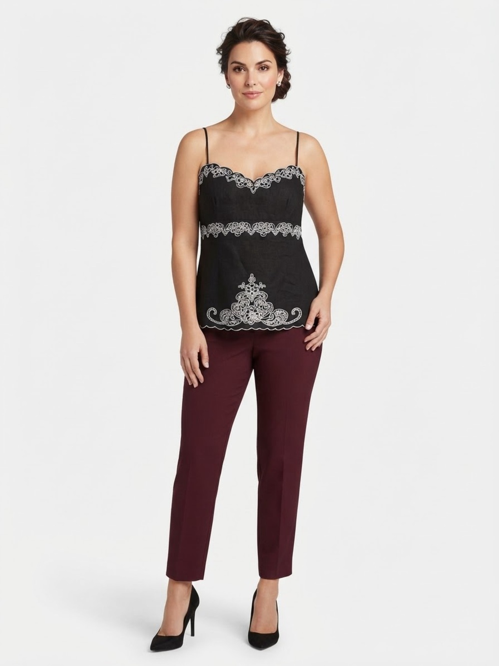 Jessica Howard Black Embroidered Lace-Trim Camisole